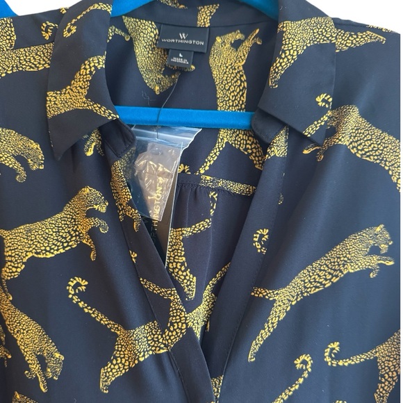 Vtg Black Leopard Print Blouse | Gold Jaguar Print | Button V-Neck Top | Large - Picture 5 of 13